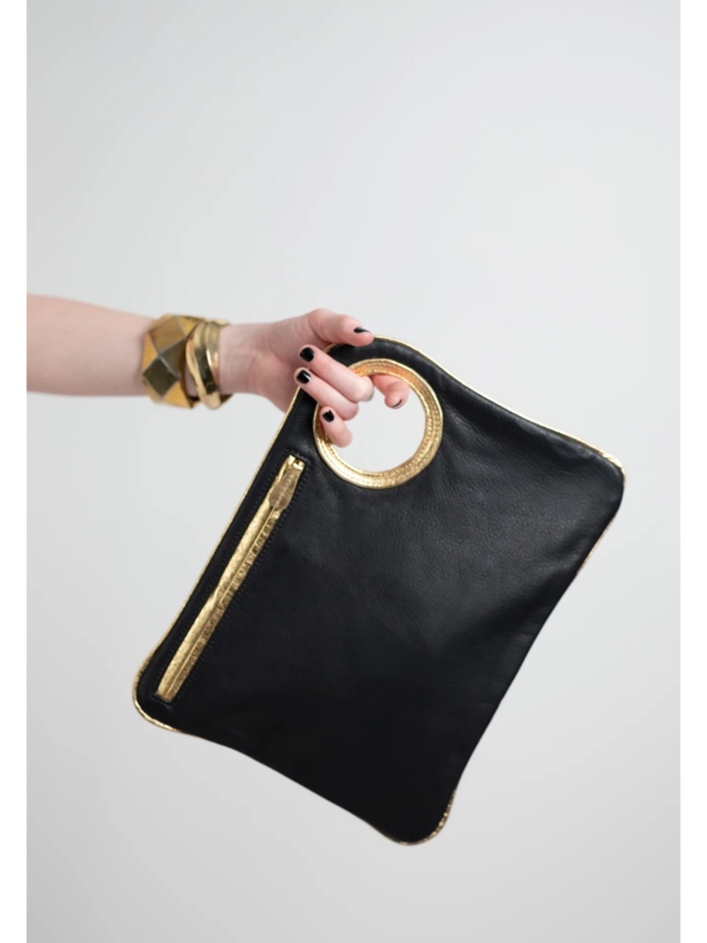 Arza Design New York Black Leather Bracelet Clutch Gold Handle Hands Free
